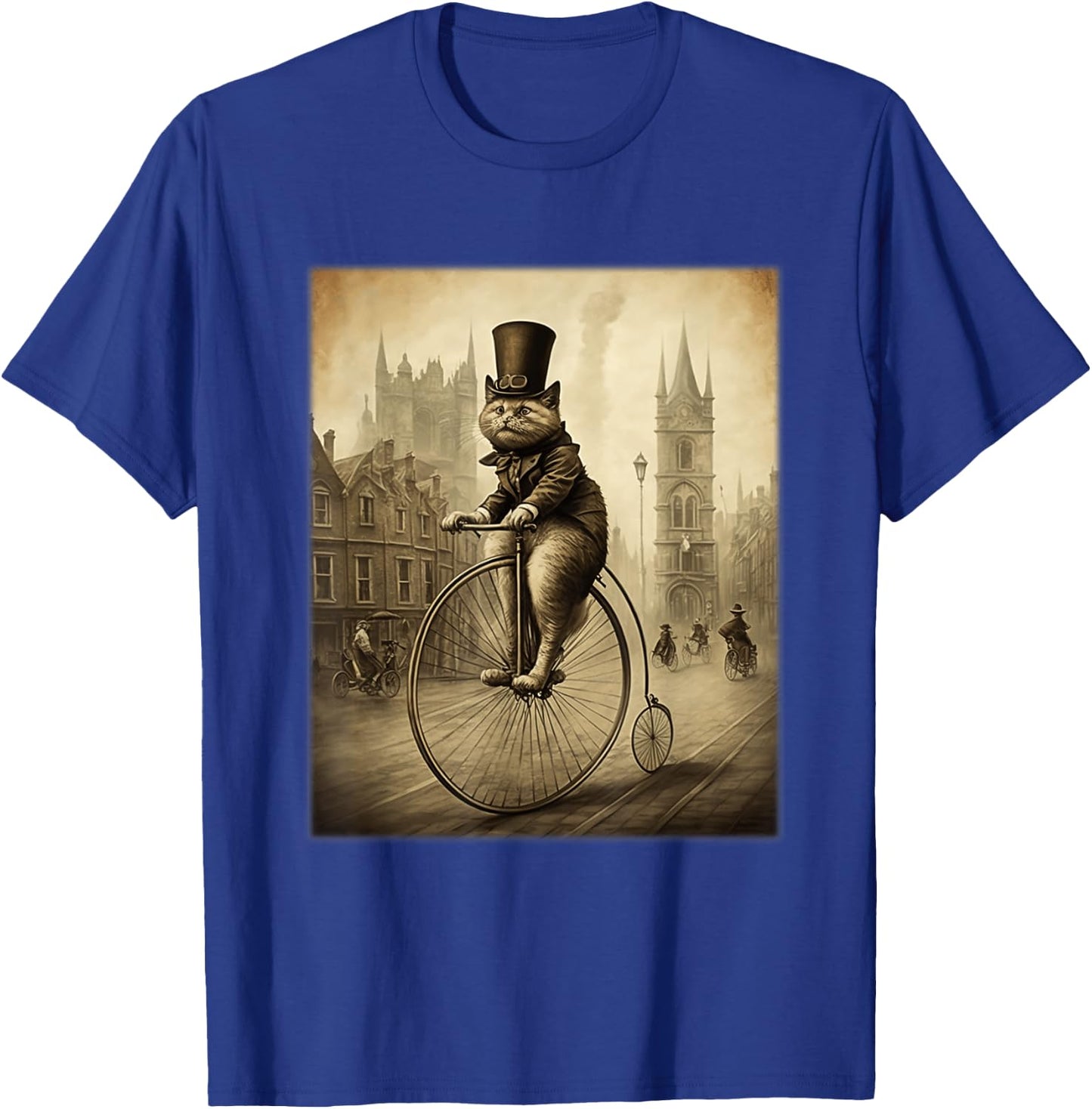 Funny Cat Top Hat Riding Penny Farthing Bicycle Cute Vintage Women Kids T-Shirt - T-Shirt | Royal