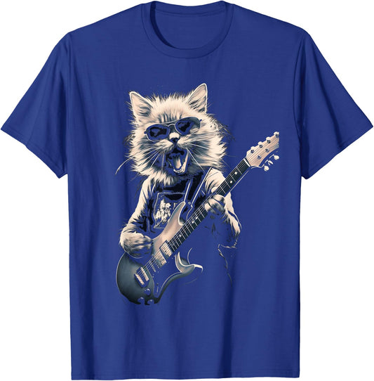 Cat Playing Bass Guitar Guitarist Rocker Cool T-Shirt - T-Shirt | Royal