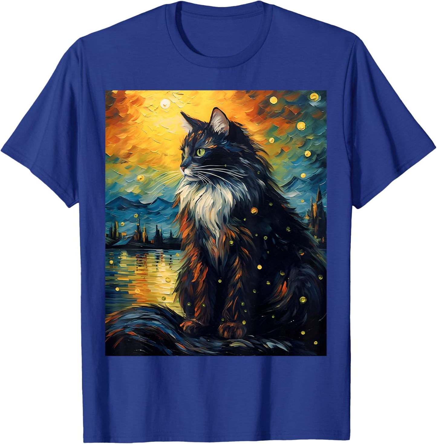 Surreal Starry Night Norwegian Forest Cat Men Women Girls Kids T-Shirt - T-Shirt | Royal