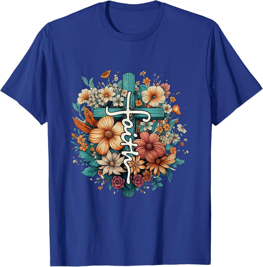 Christian Faith Cross Flowers for Jesus and God T-Shirt - T-Shirt | Royal