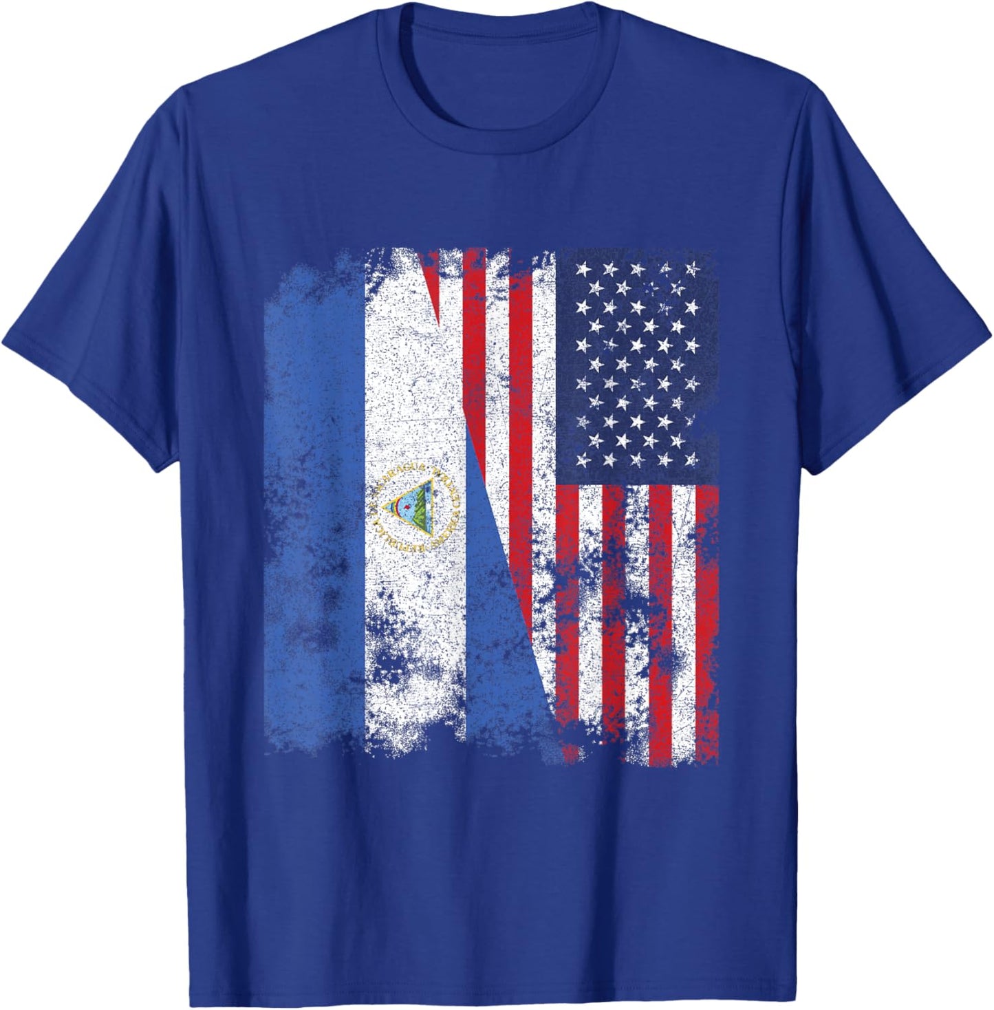 Nicaragua USA Flag Distressed - Half American T-Shirt - T-Shirt | Royal