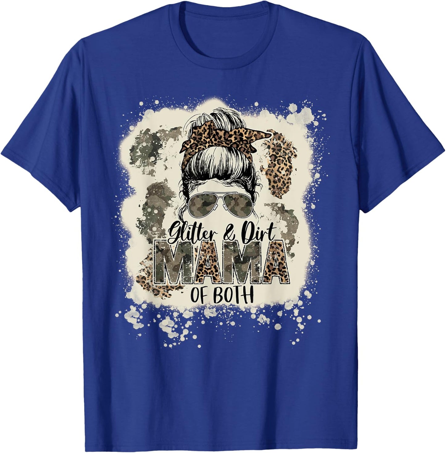 Glitter & Dirt Mama Of Both Leopard Camo Messy Bun Bleached T-Shirt - T-Shirt | Royal
