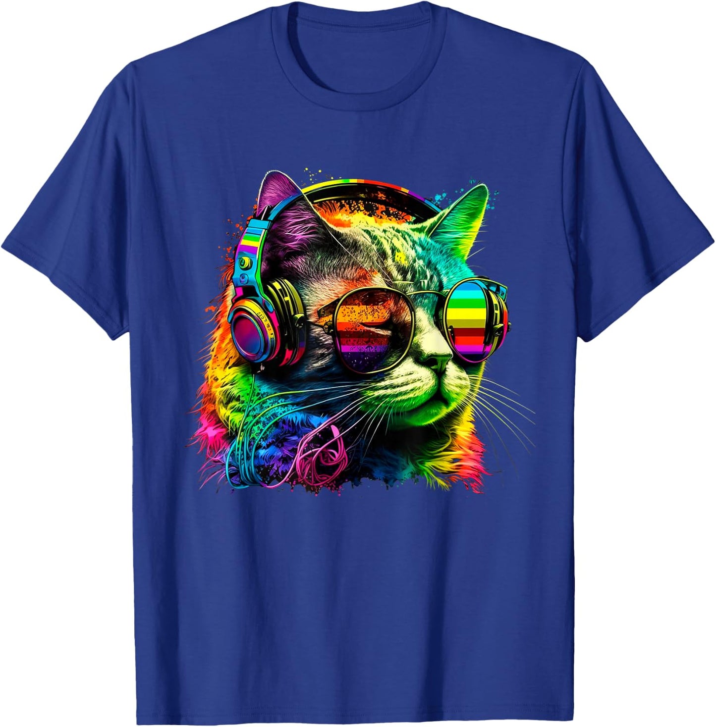 Rainbow DJ Cat with Sunglasses Headphones Music Funny Kitty T-Shirt - T-Shirt | Royal