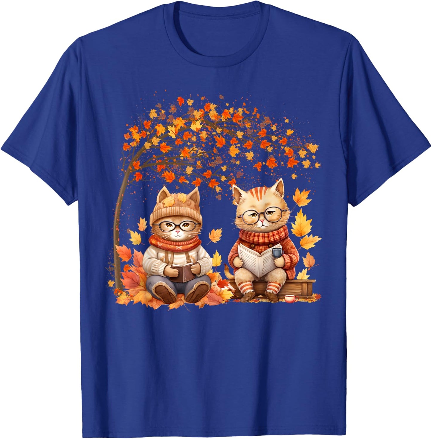 Cat Leaf Fall Hello Autumn Cat Kitten Lover Thanksgiving Men Women Kids T-Shirt - T-Shirt | Royal