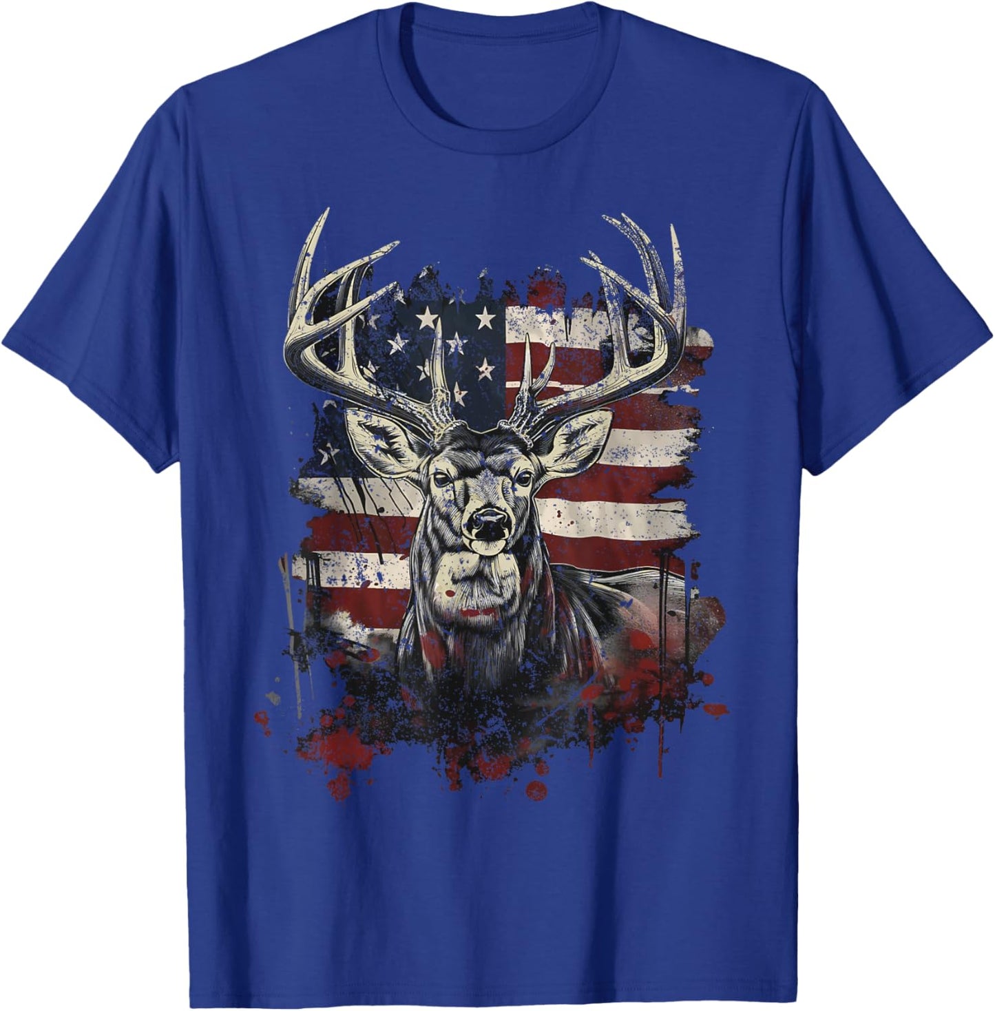 Buck White Tail Deer Hunting Hunter Distressed American Flag T-Shirt - T-Shirt | Royal