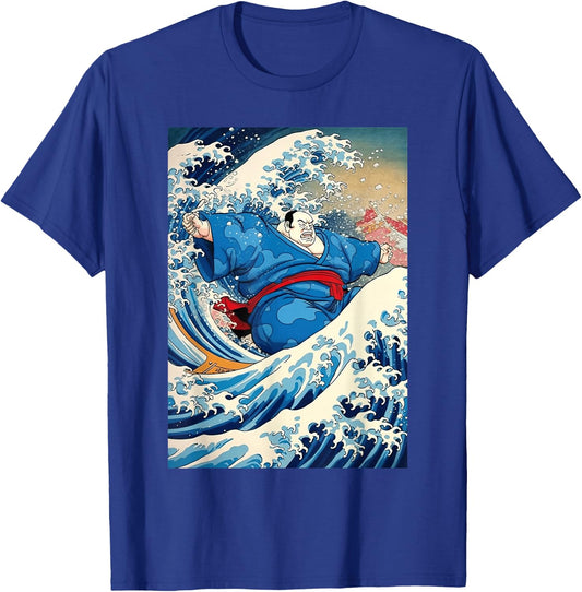 Funny Kanagawa Great Wave with Sumo Wrestler Surfing T-Shirt - T-Shirt | Royal