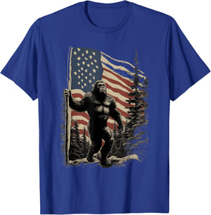 American Flag Bigfoot Patriotic Wilderness Forest T-Shirt - T-Shirt | Royal