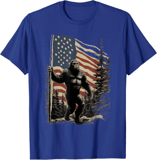American Flag Bigfoot Patriotic Wilderness Forest T-Shirt - T-Shirt | Royal
