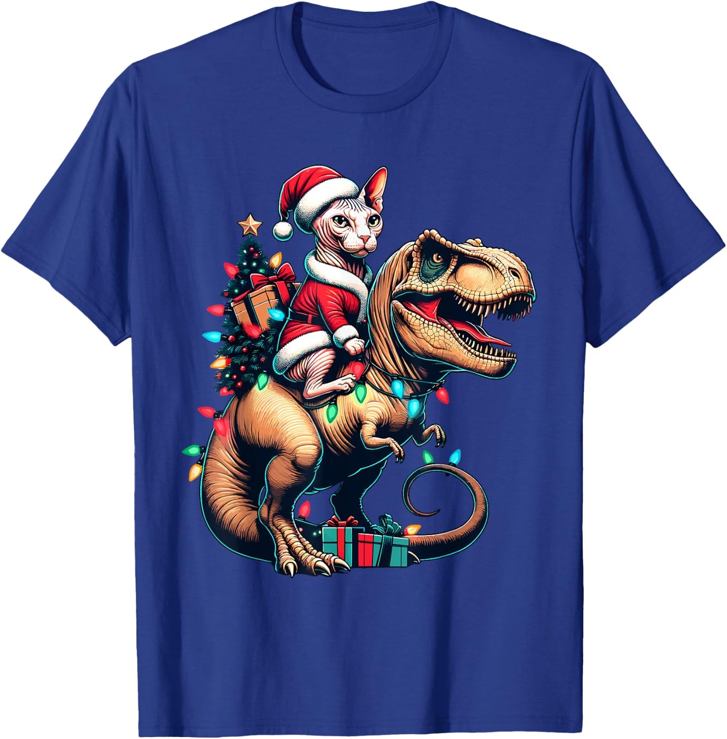 Funny Sphynx Cat Rides Santa T-Rex Vintage Christmas Sphynx Women Kids T-Shirt - T-Shirt | Royal