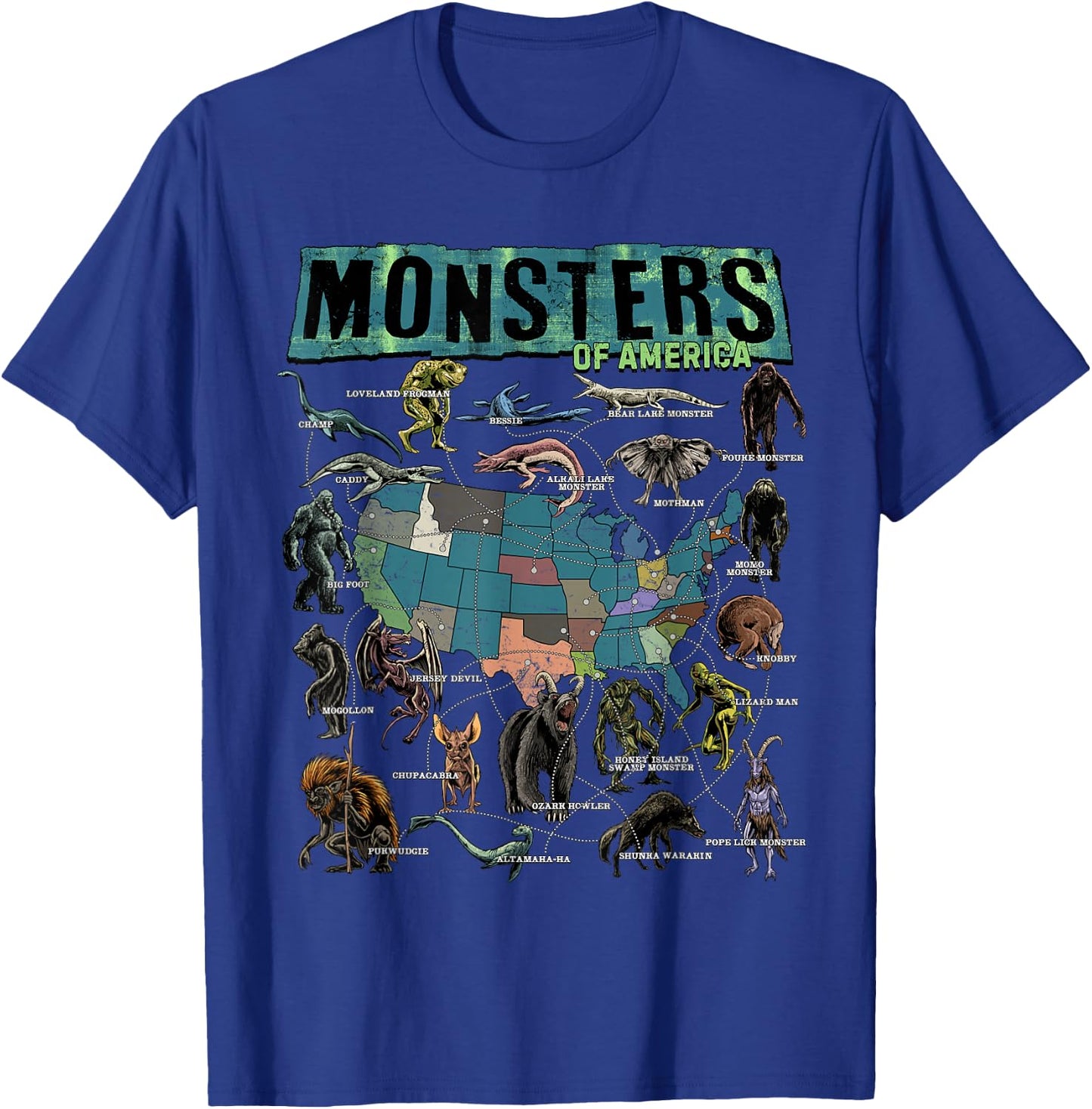 Cryptid Monsters of America Folklore Creature Cryptozoology T-Shirt - T-Shirt | Royal