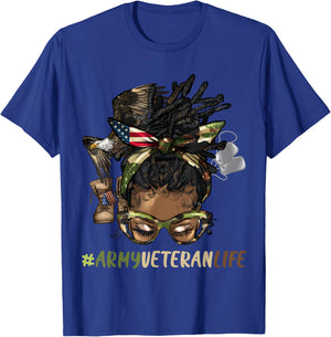 African Afro Messy Bun Loc Army Veteran Soldier Mother Wife T-Shirt - T-Shirt | Royal