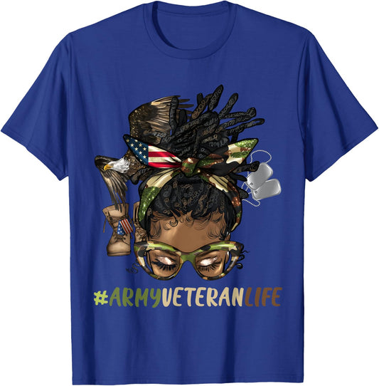African Afro Messy Bun Loc Army Veteran Soldier Mother Wife T-Shirt - T-Shirt | Royal