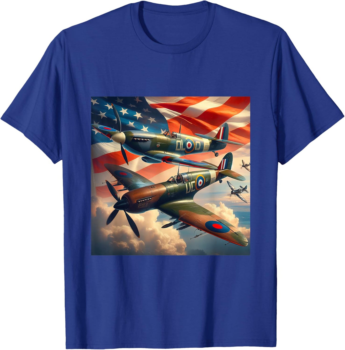 Spitfire F4U Corsair WW2 Airplanes US Flag T-Shirt - T-Shirt | Royal