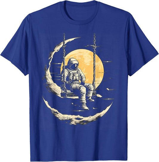 Astronaut Sitting on Swing in Space Stars and Moon T-Shirt - T-Shirt | Royal