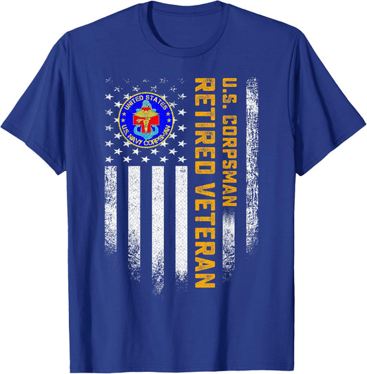 Vintage USA American Flag US Corpsman Proud Retired Veteran T-Shirt - T-Shirt | Royal