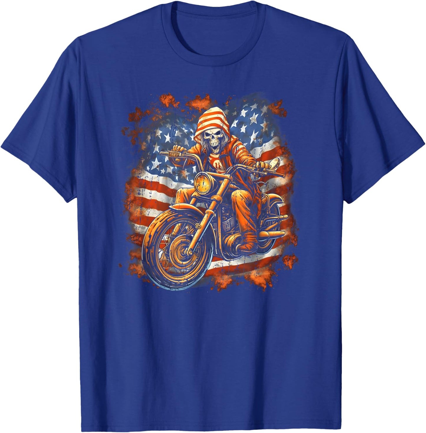 US Flag Motorcycle Skeleton Biker 4th July American T-Shirt - T-Shirt | Royal