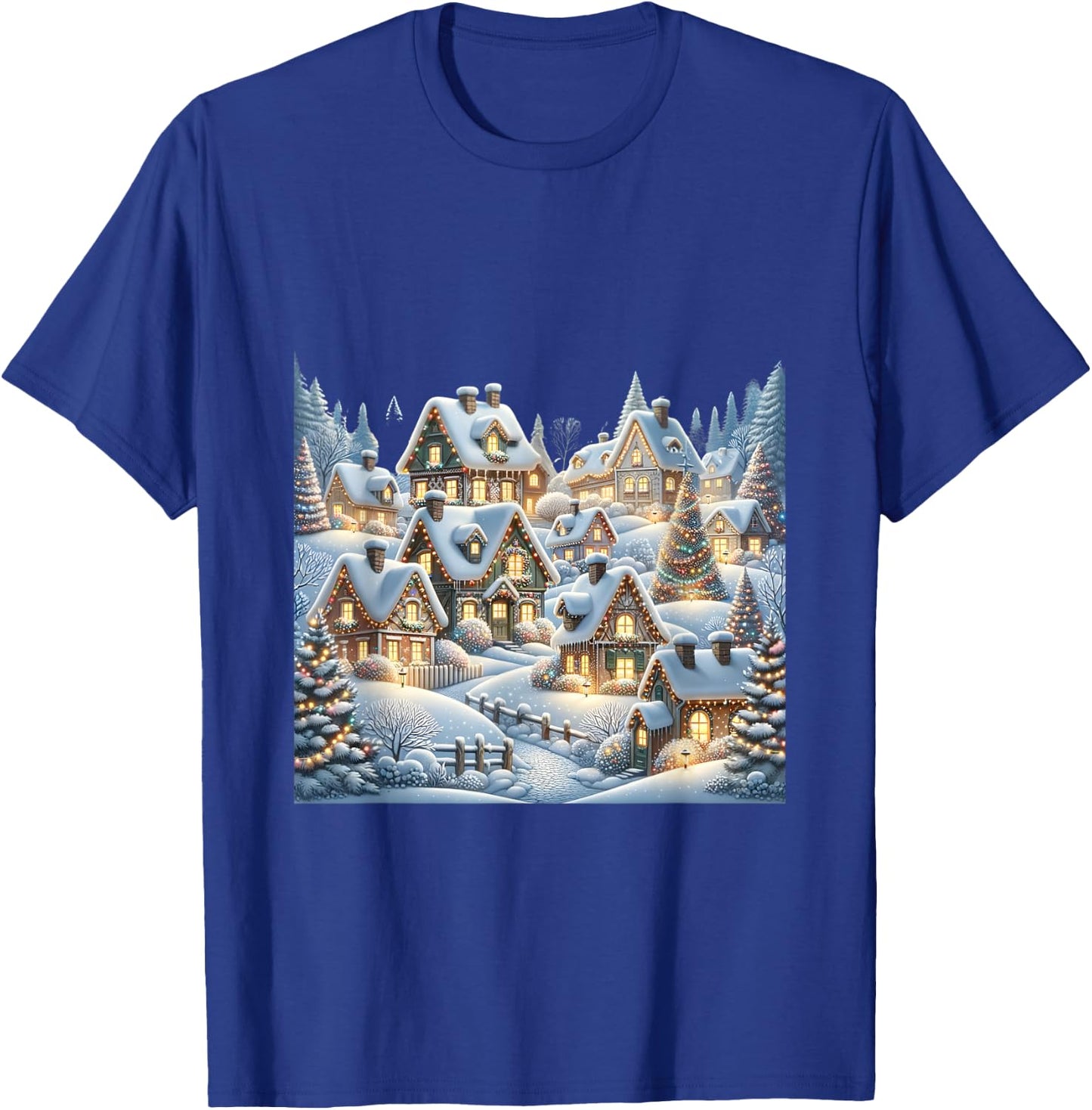 Winter Village Snow Covered Cottages Christmas Lights Scene T-Shirt - T-Shirt | Royal