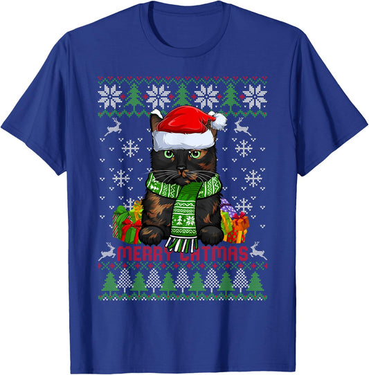 Funny Merry Catmas Tortoiseshell Cat Ugly Christmas Sweater Men Women Kids T-Shirt - T-Shirt | Royal