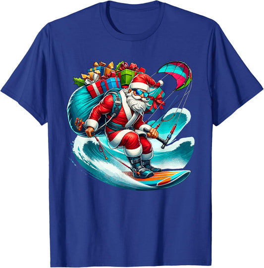 Funny Beach Santa kitesurfing Christmas Santa Surfing Men Women Kids T-Shirt - T-Shirt | Royal