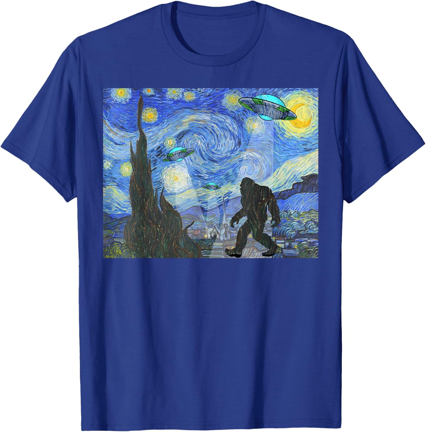 Starry Night Sasquatch And UFO Aliens Bigfoot Graphic T-Shirt - T-Shirt | Royal