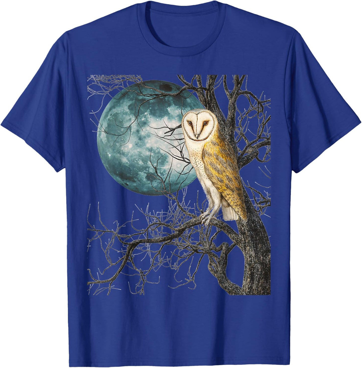 Owl Barn Night Moon Full Vintage Illustration Birder Graphic T-Shirt - T-Shirt | Royal
