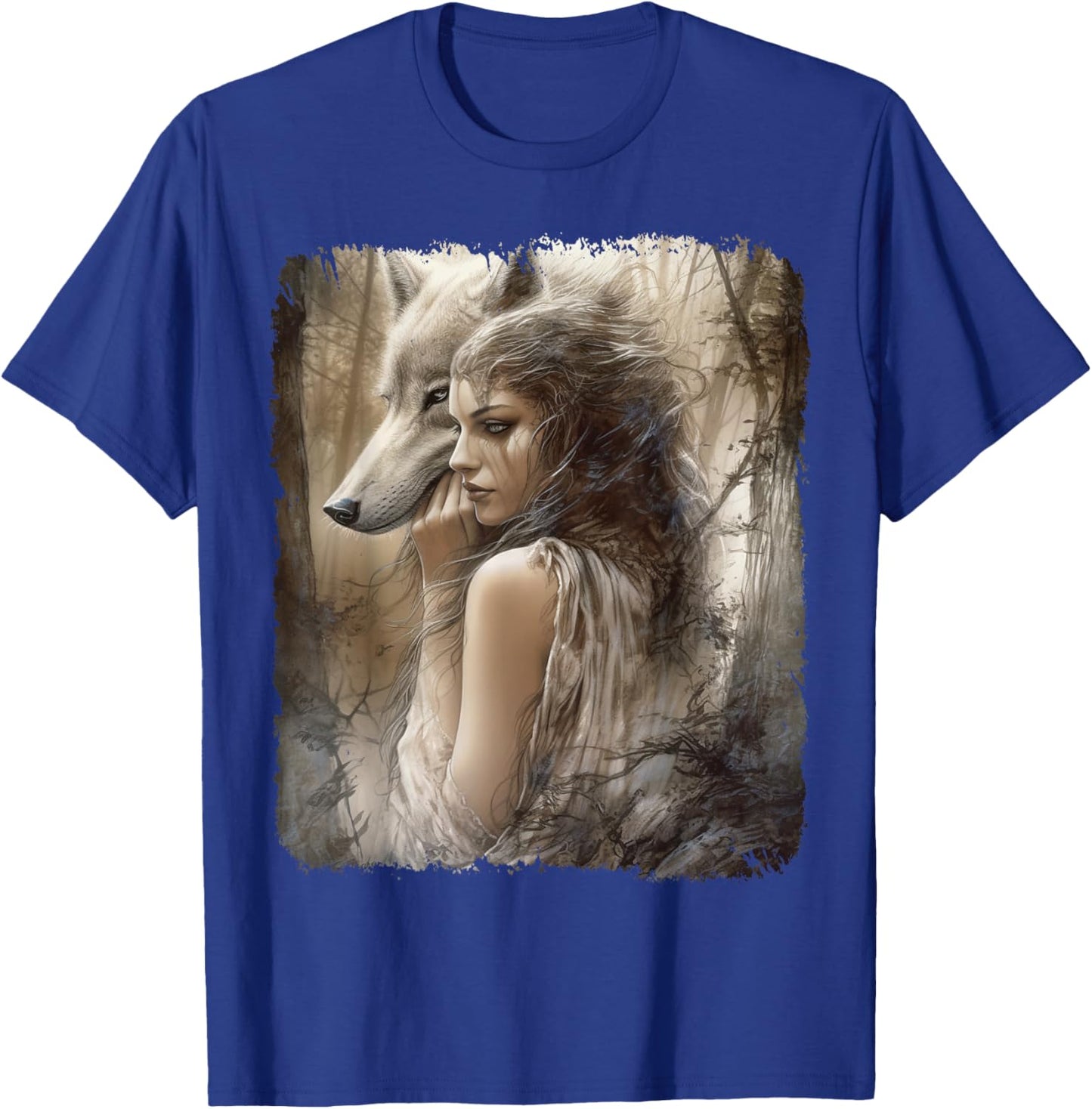 Woman and Grey Wolf in Forest Fantasy T-Shirt - T-Shirt | Royal