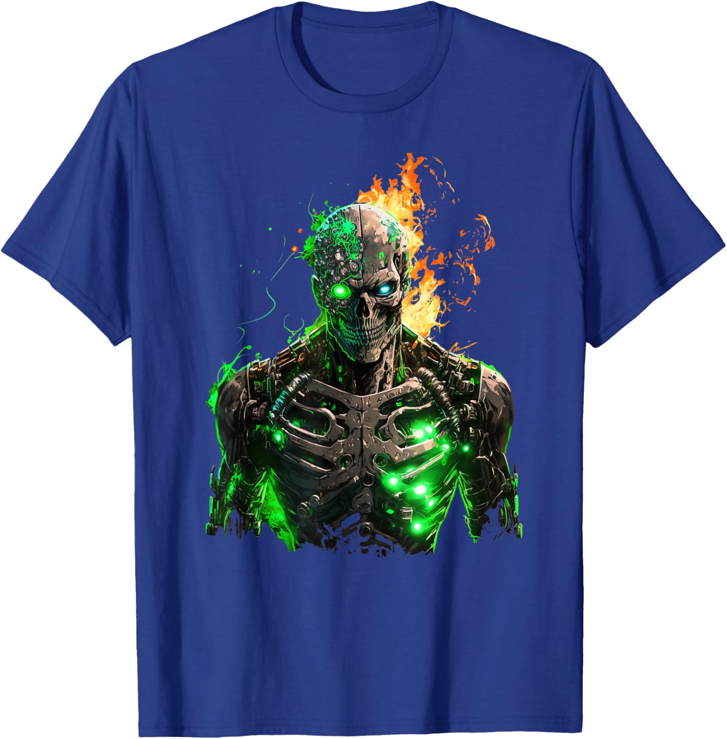 Flaming Skeleton Cyborg Graphic T-Shirt - T-Shirt | Royal