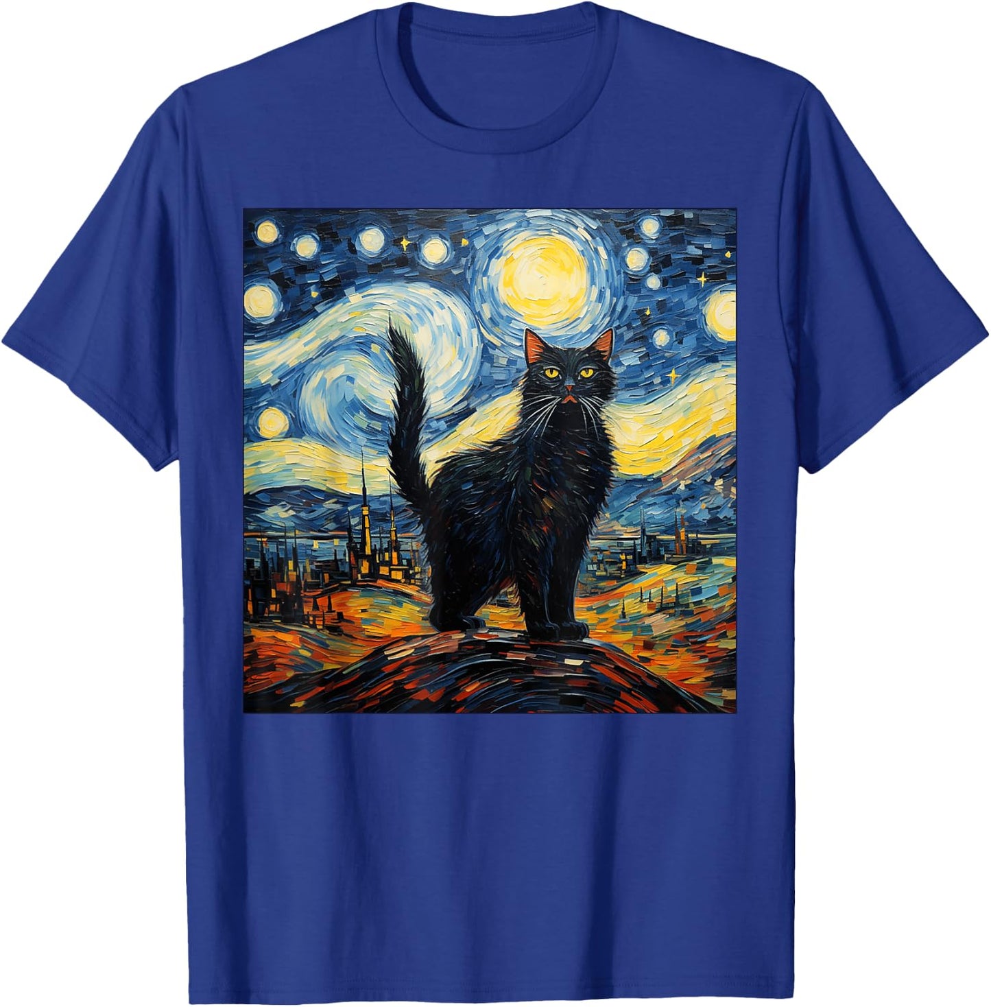 Van Gogh Starry Night Black Cat Gifts for Cats Lover Mom Dad Women Kids T-Shirt - T-Shirt | Royal