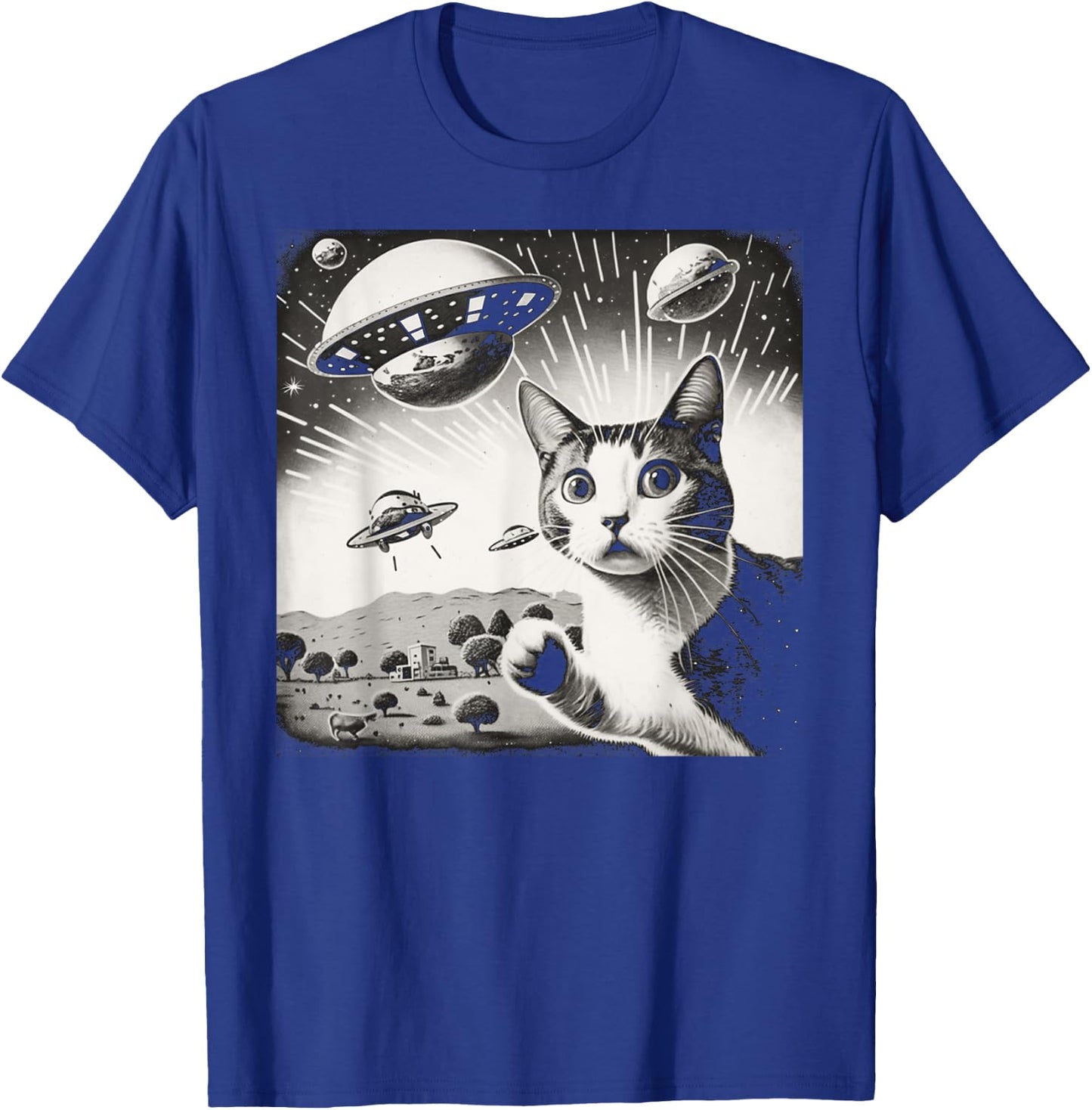 Cat Incident Involving UAPs Funny UFO Retro Aliens Men Women Kids T-Shirt - T-Shirt | Royal