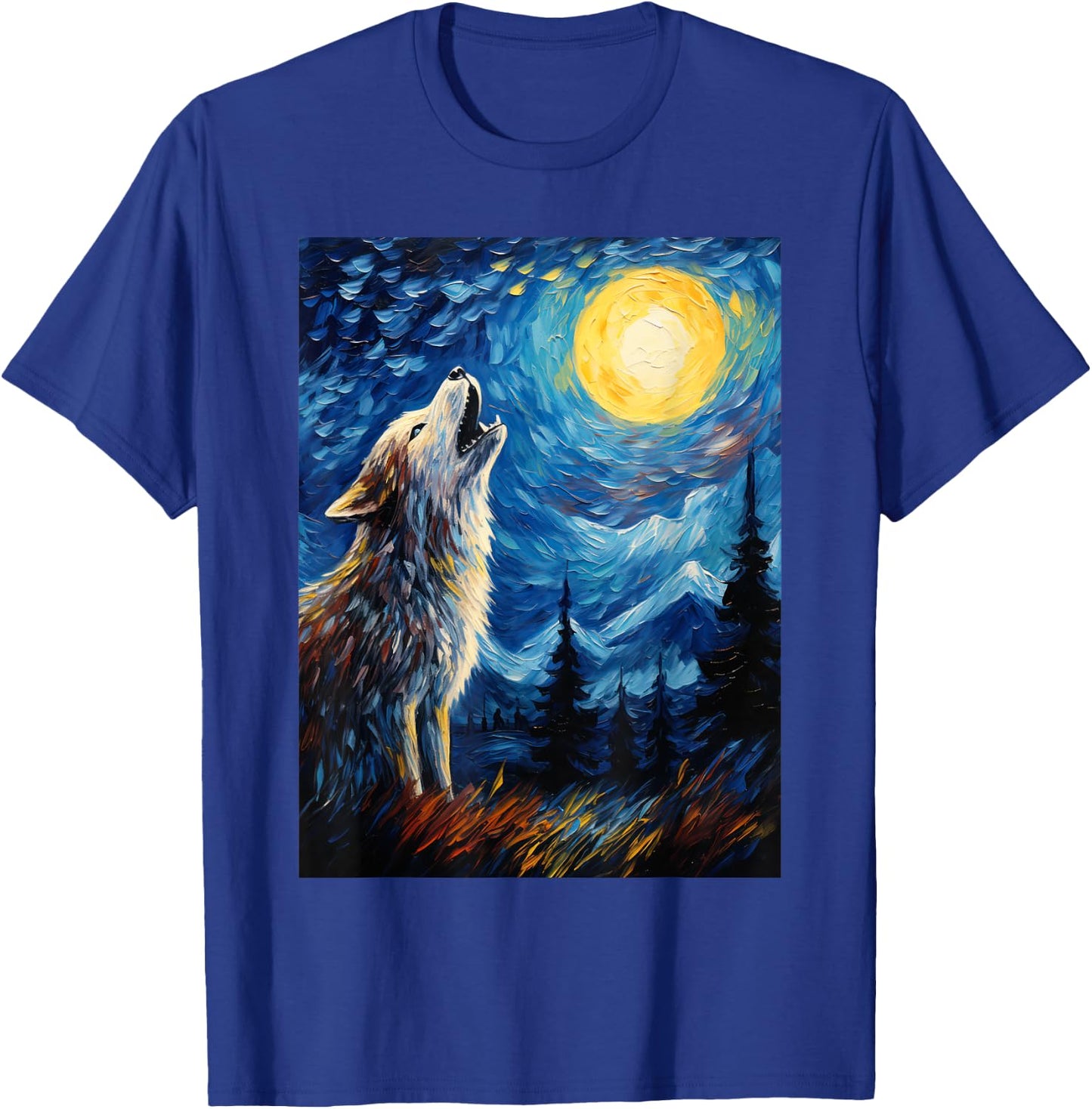 Wolf Starry Night Van Gogh Style Moon T-Shirt - T-Shirt | Royal