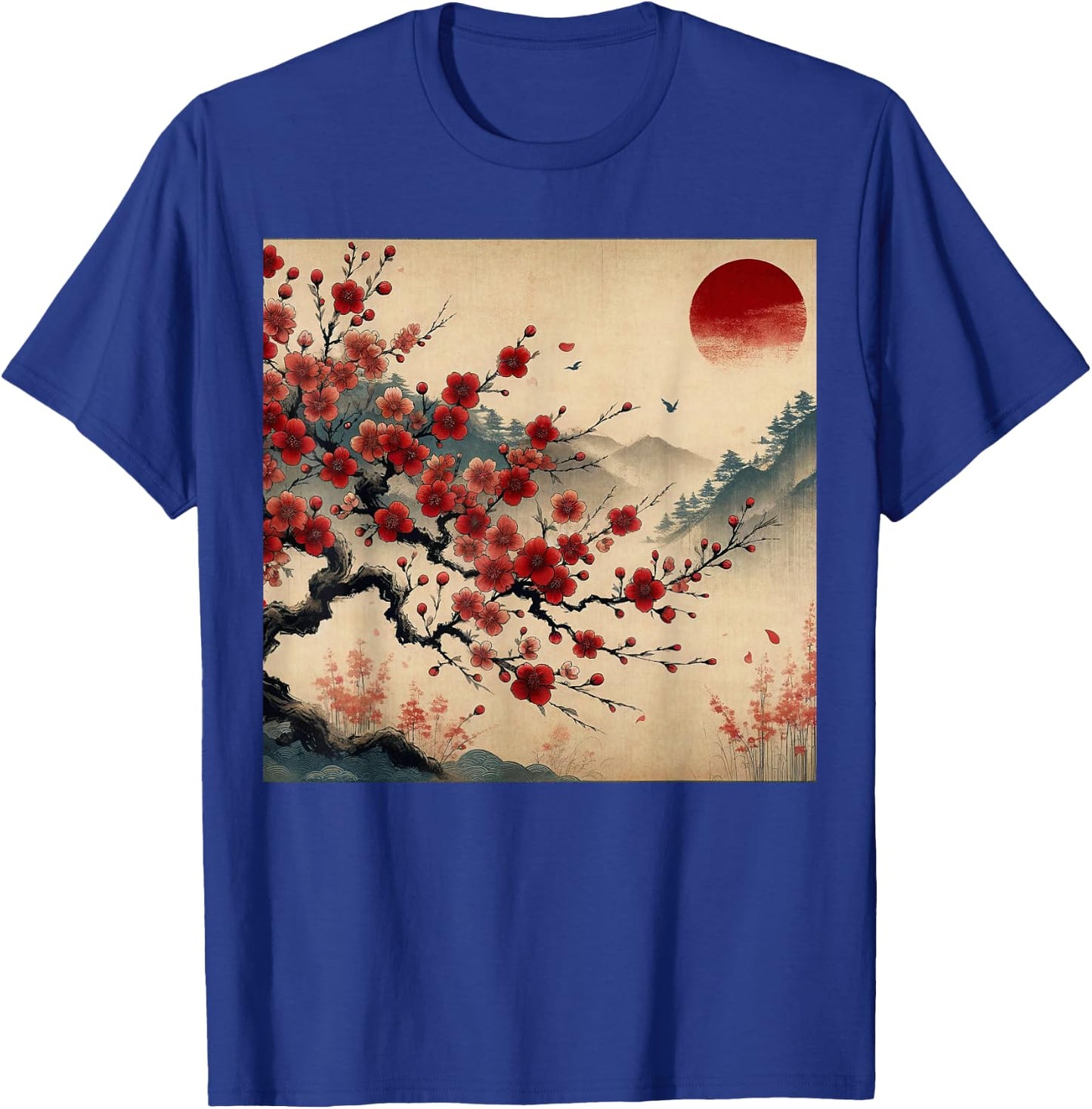 Vintage Cherry Blossom Woodblock Japanese Graphical Art T-Shirt - T-Shirt | Royal