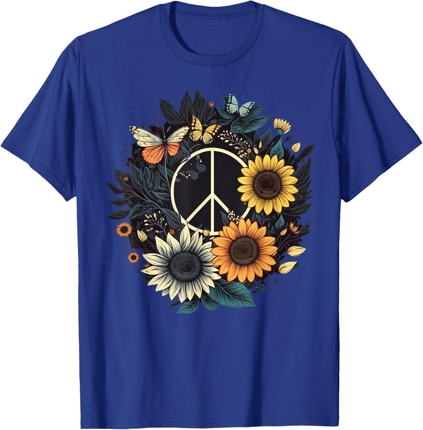 PEACE SIGN LOVE Sunflower on 60s 70s Sunflower Hippie T-Shirt - T-Shirt | Royal