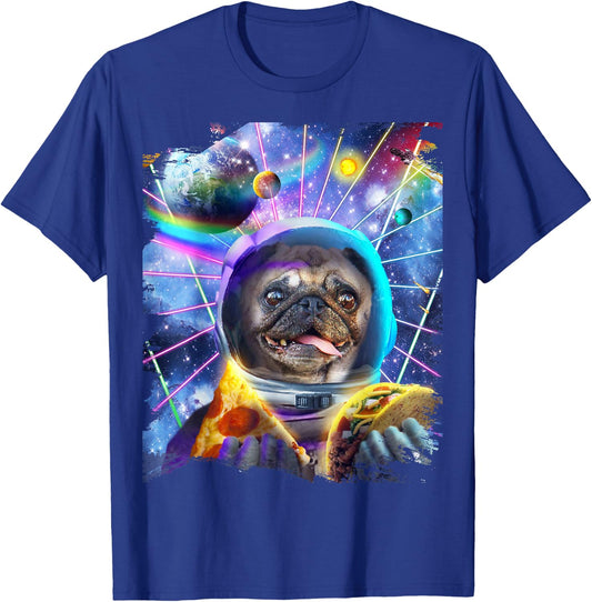 Dog Pug Astronaut In Space Eating Pizza Taco T-Shirt - T-Shirt | Royal