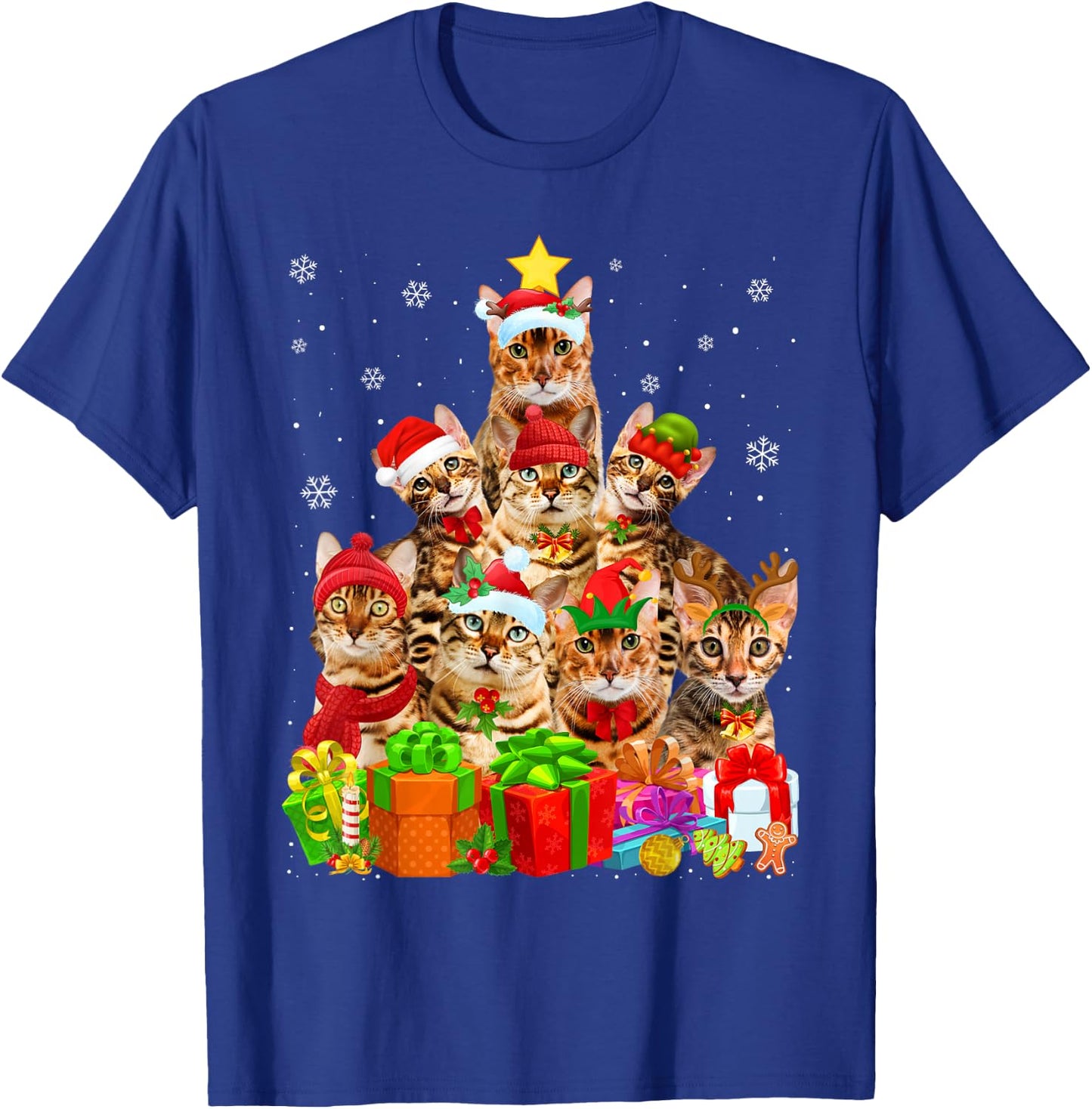 Ugly Christmas Sweater Cat Tree Funny Bengal Cat Xmas T-Shirt - T-Shirt | Royal