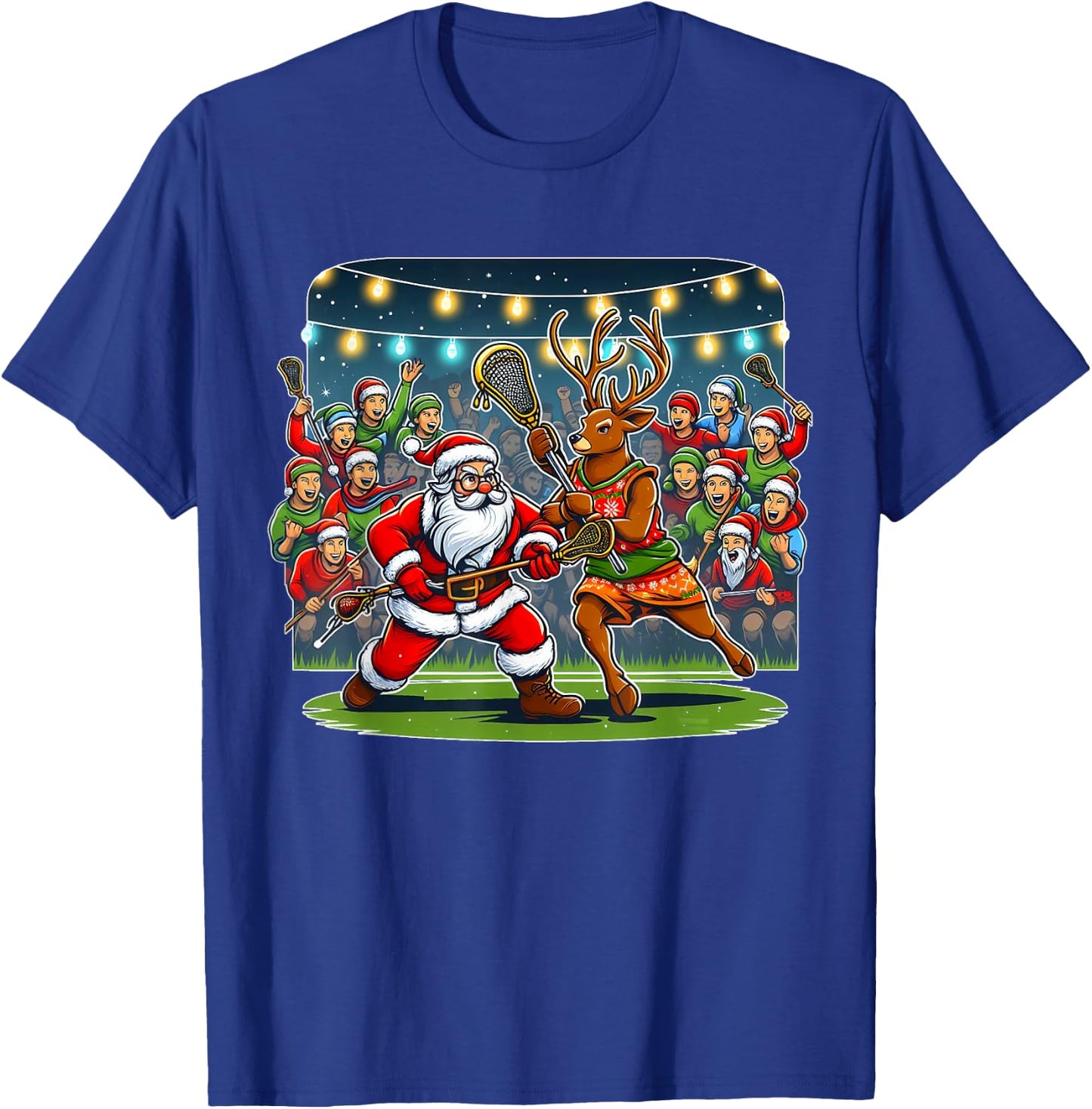 Lacrosse Player Christmas Santa Reindeer Playing Lax Graphic T-Shirt - T-Shirt | Royal