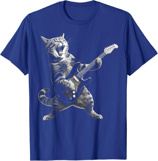 Cat Playing Guitar Rock and Roll Rock Star Women Kid T-Shirt - T-Shirt | Royal