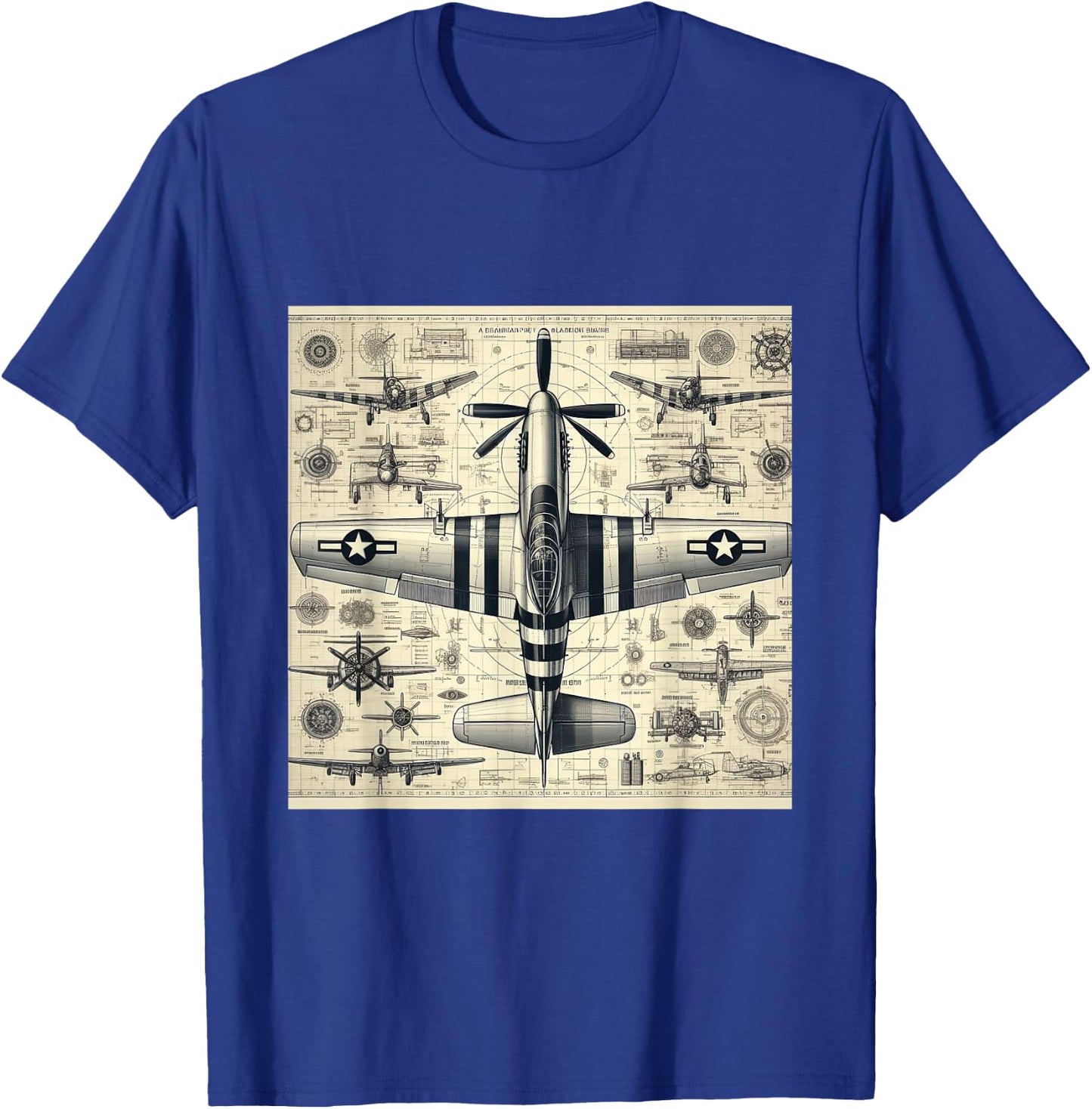 WW2 Warplane Vintage P51 Mustang Assembly Parts Blueprint T-Shirt - T-Shirt | Royal