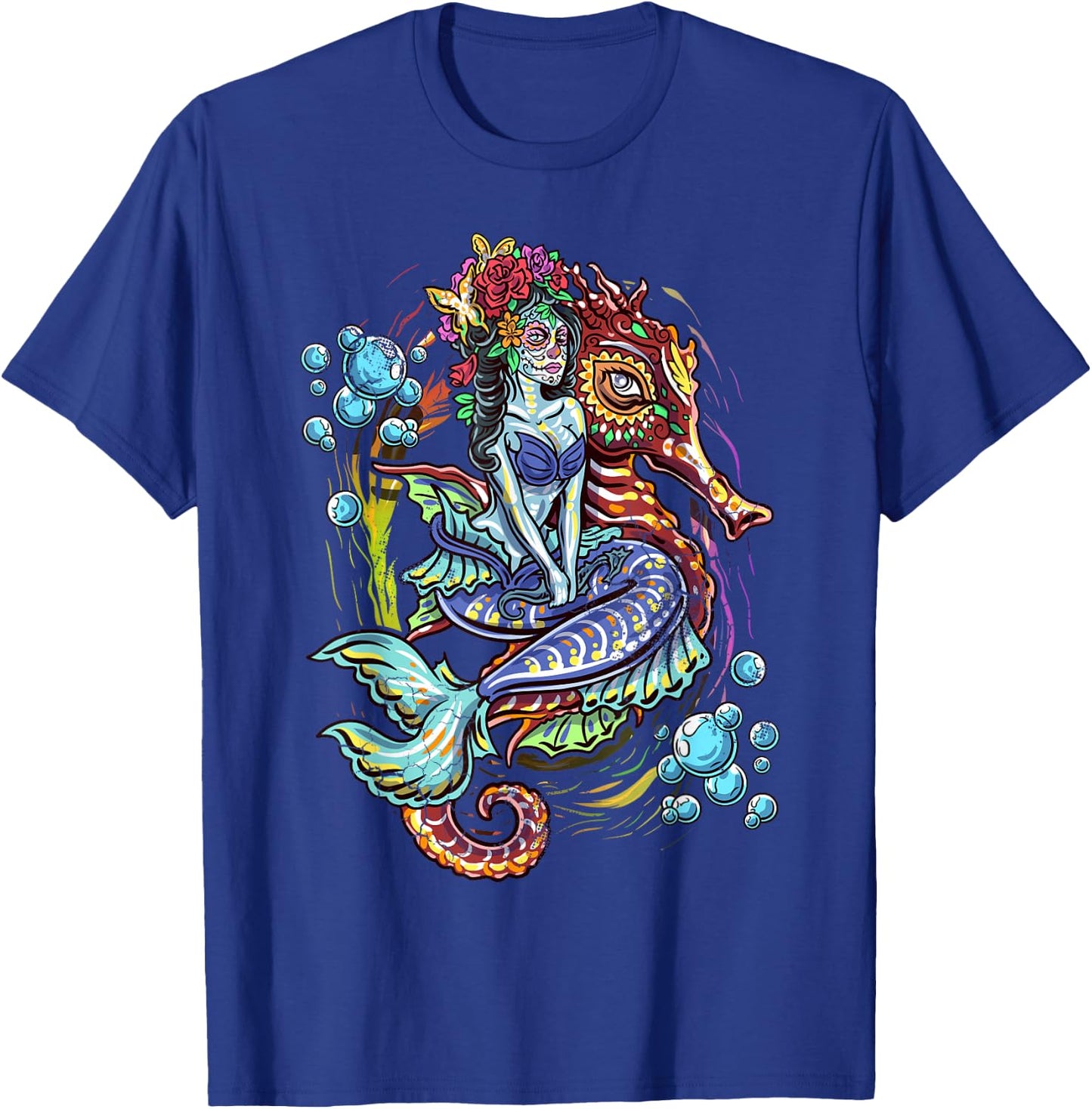 Day Of The Dead Seahorse Mermaid Art Design T-Shirt - T-Shirt | Royal