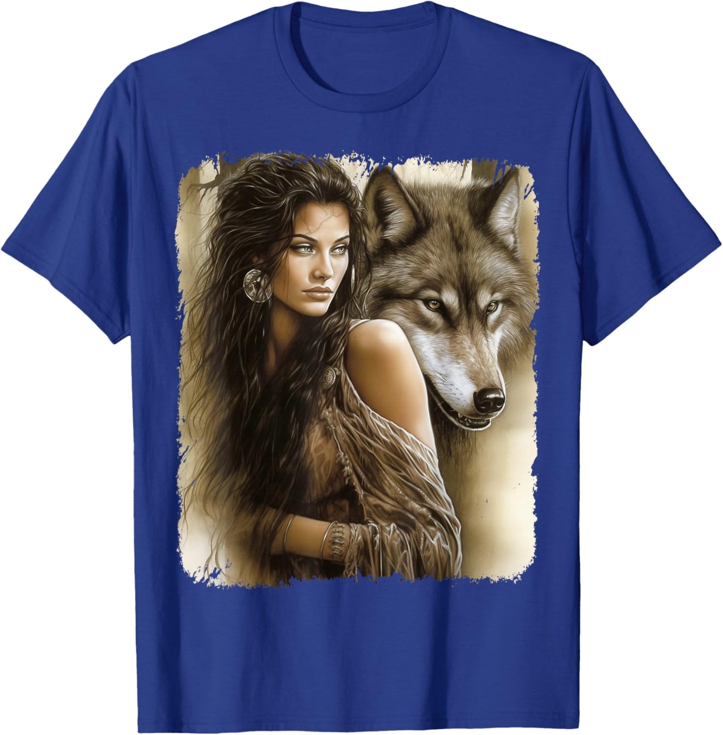 Woman and Grey Wolf Fantasy T-Shirt - T-Shirt | Royal