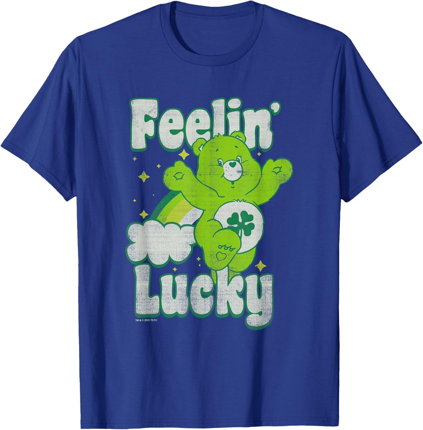 Care Bears Good Luck Bear Jumping Feelin Lucky Distressed T-Shirt - T-Shirt | Royal