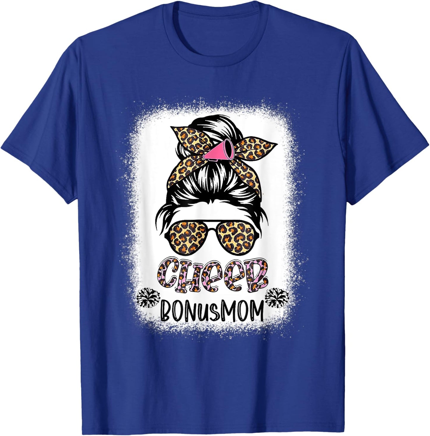 Cheer Bonus Mom Leopard Messy Bun Cheerleader Bleached T-Shirt - T-Shirt | Royal
