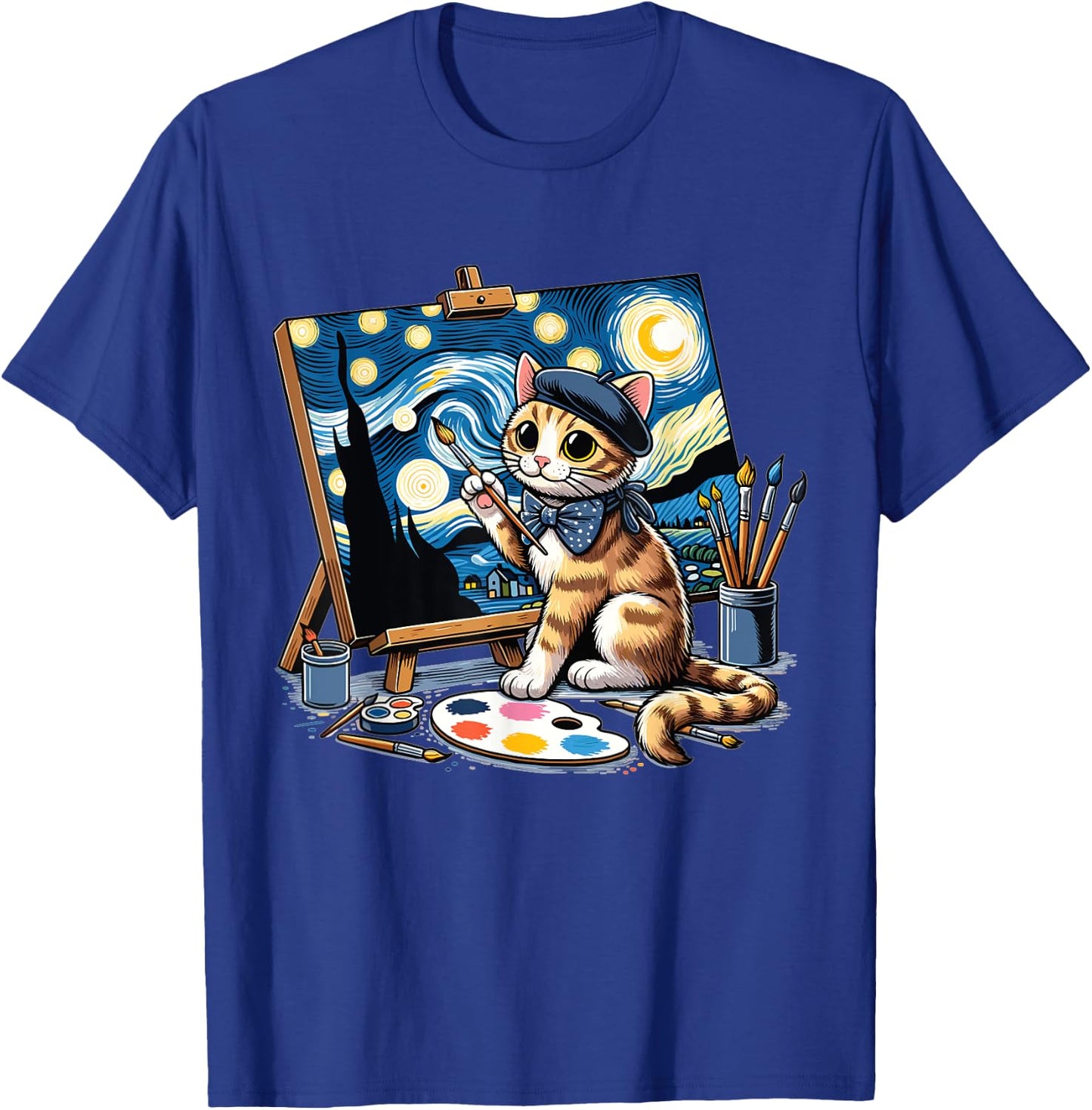 Funny Cute Cat Drawing Starry Night Painting Art For Artist T-Shirt - T-Shirt | Royal