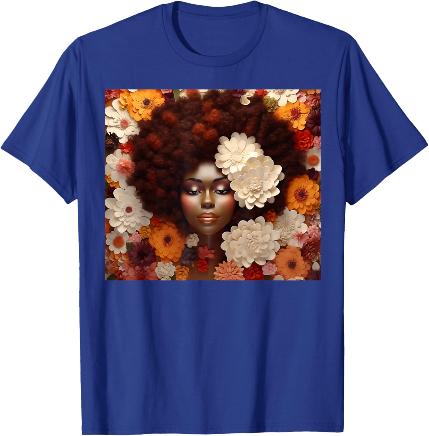 Afro Woman Floral Black Queen Puff Art Melanin Orange White T-Shirt - T-Shirt | Royal