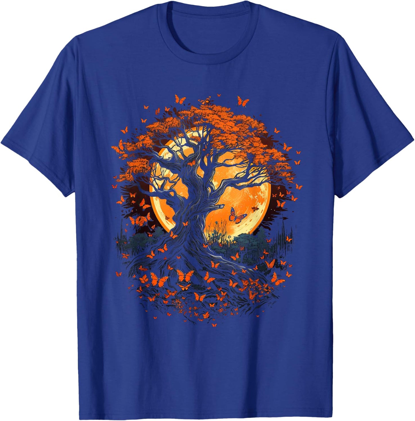 Fall Autumn falling leaves with Tree and Butterfly T-Shirt - T-Shirt | Royal