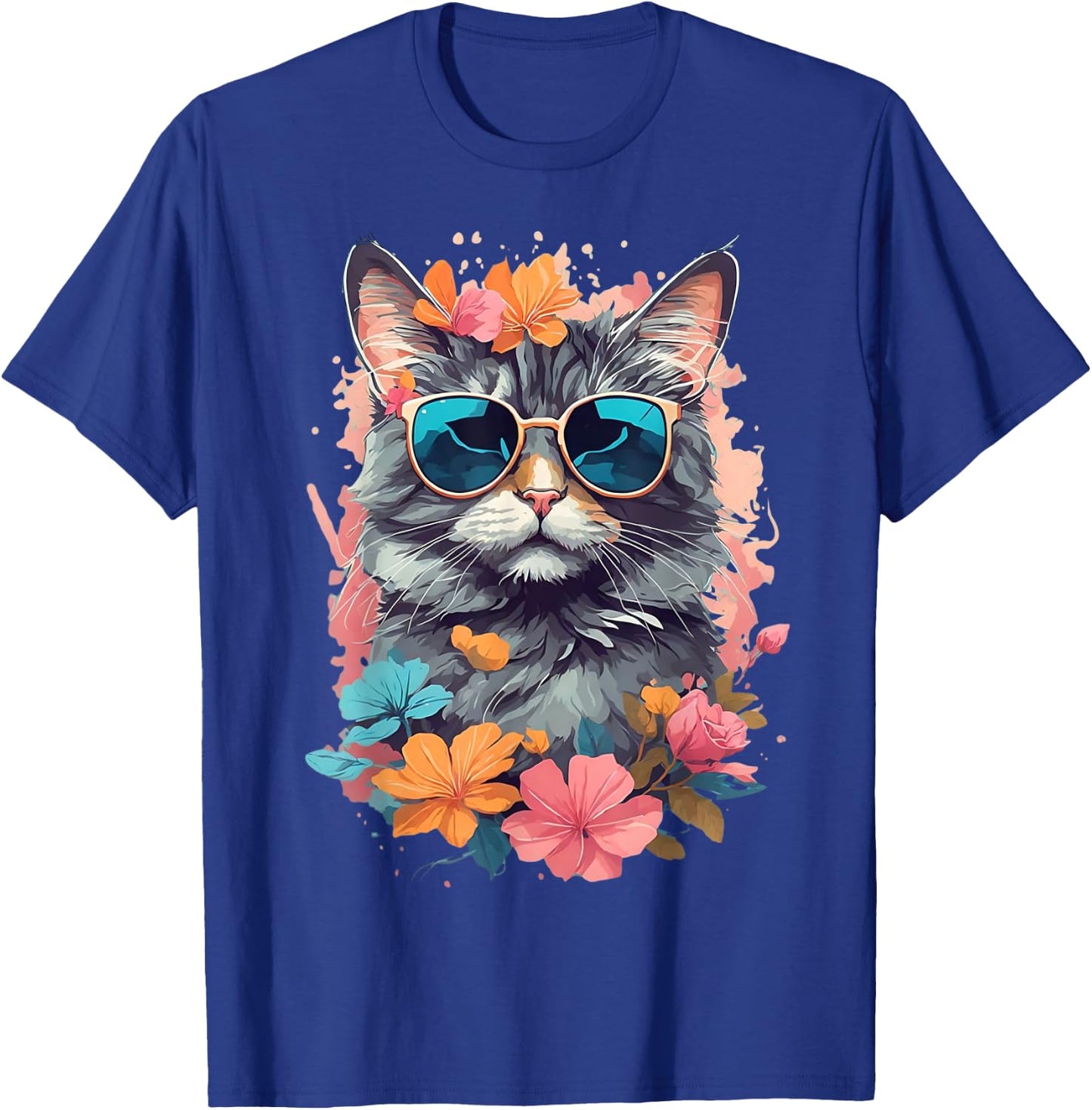 Sunglasses Tabby Cat Shirt for Girls Floral Flowers Graphic T-Shirt - T-Shirt | Royal