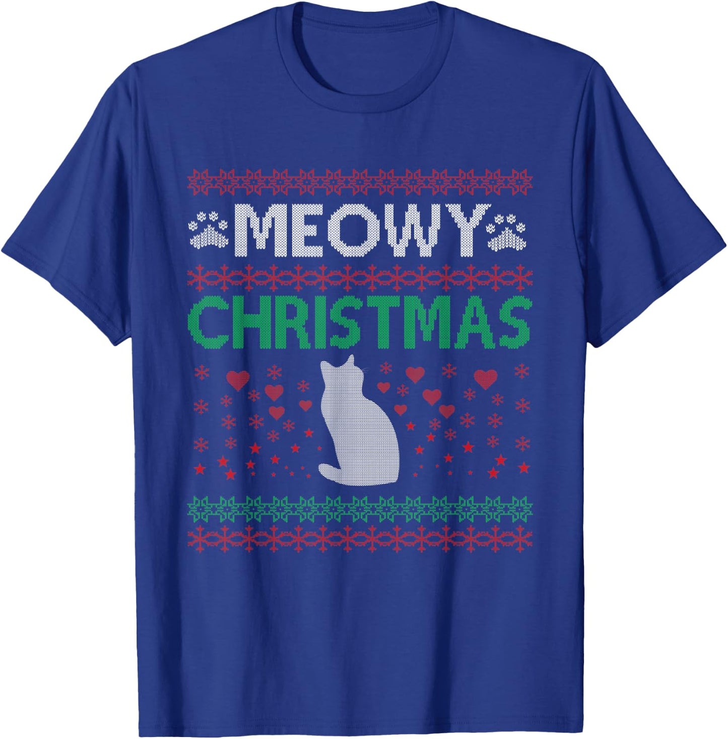 Meowy Cat Christmas Ugly Sweater Men Women Kids T-Shirt - T-Shirt | Royal