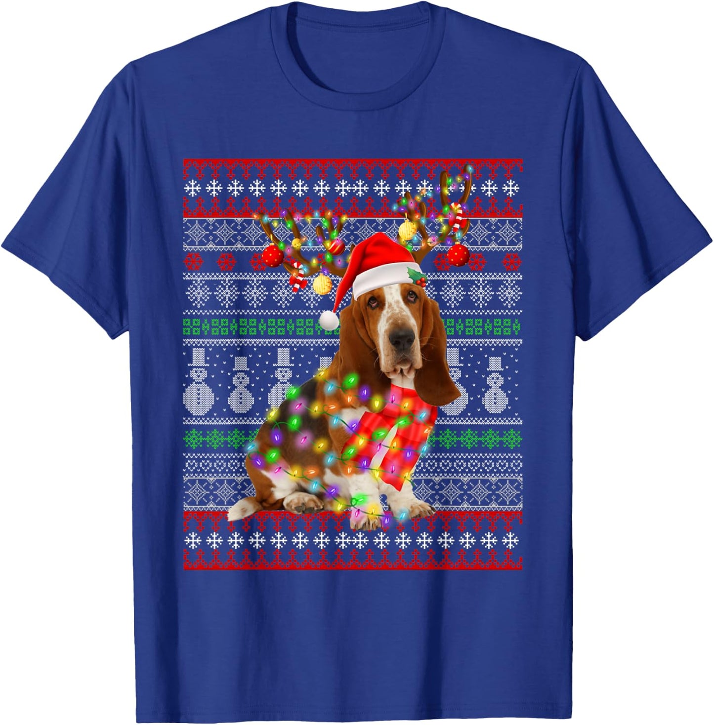 Santa Basset Hound Dog Christmas Lights Ugly Xmas Sweater Men Women Kids T-Shirt - T-Shirt | Royal