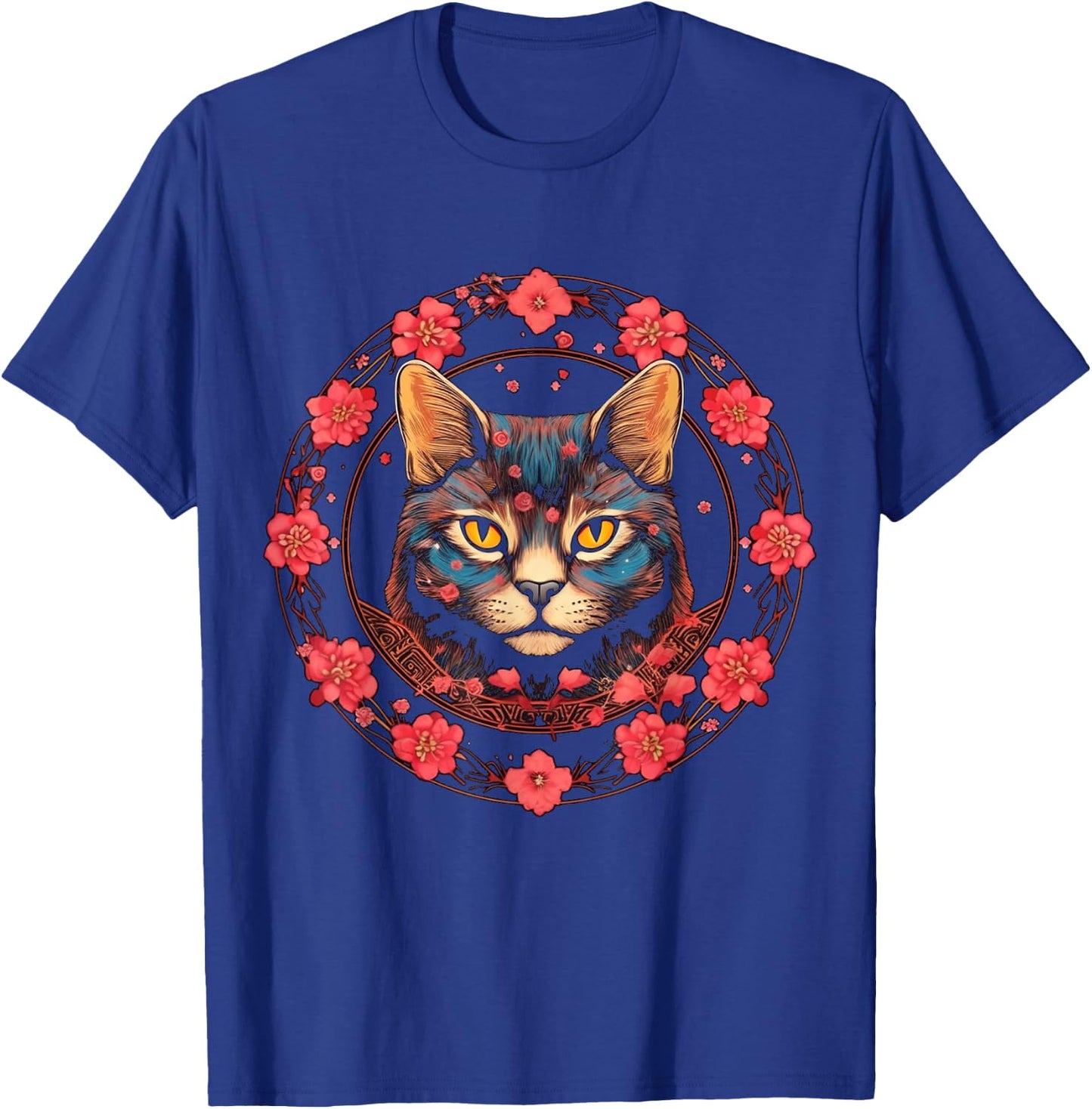Cat Flower Artwork | Animal Cherry Blossoms Motif Cat T-Shirt - T-Shirt | Royal