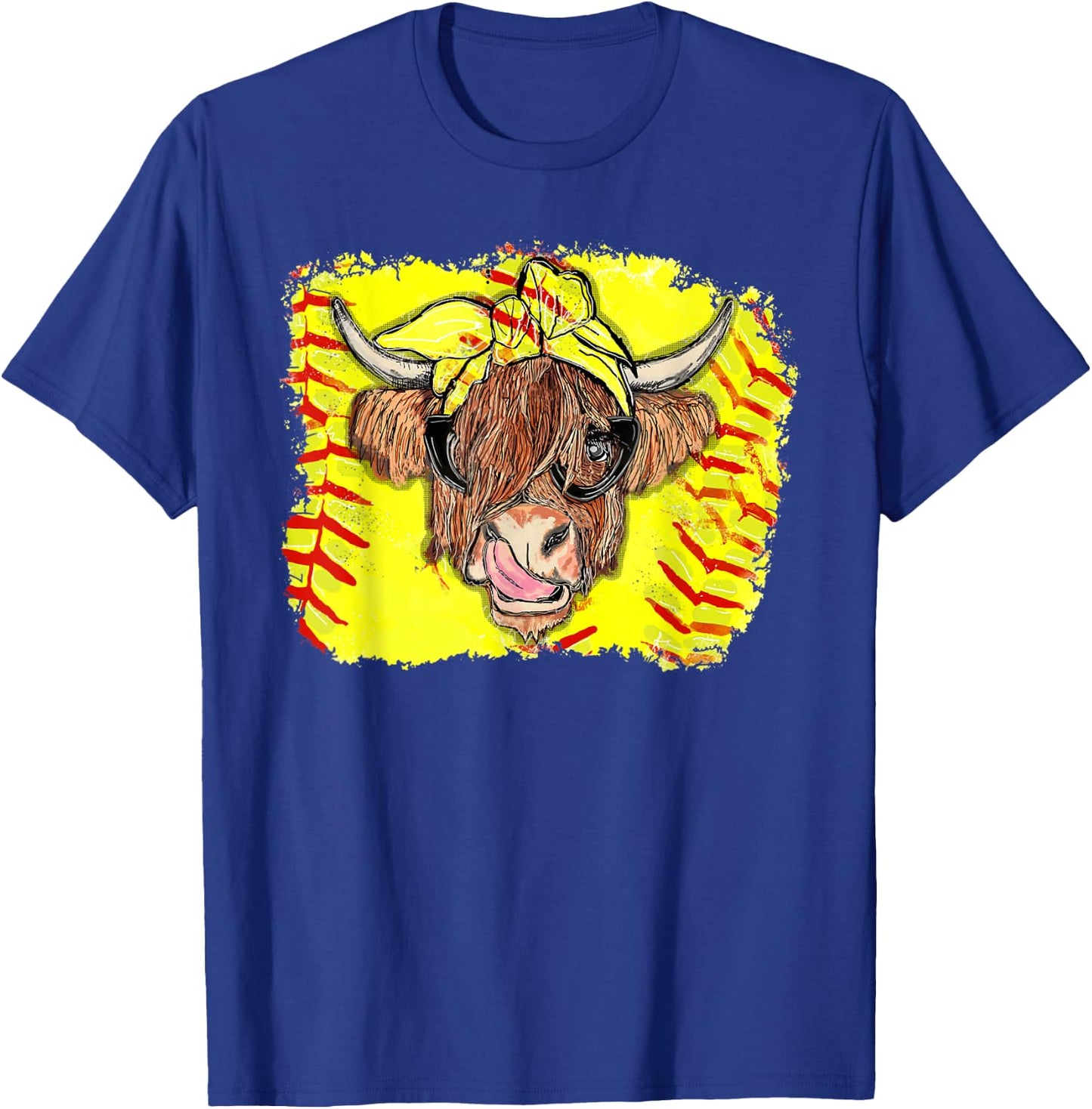 Softball Highland Cow With Bandana Glasses Happy Mother's T-Shirt - T-Shirt | Royal