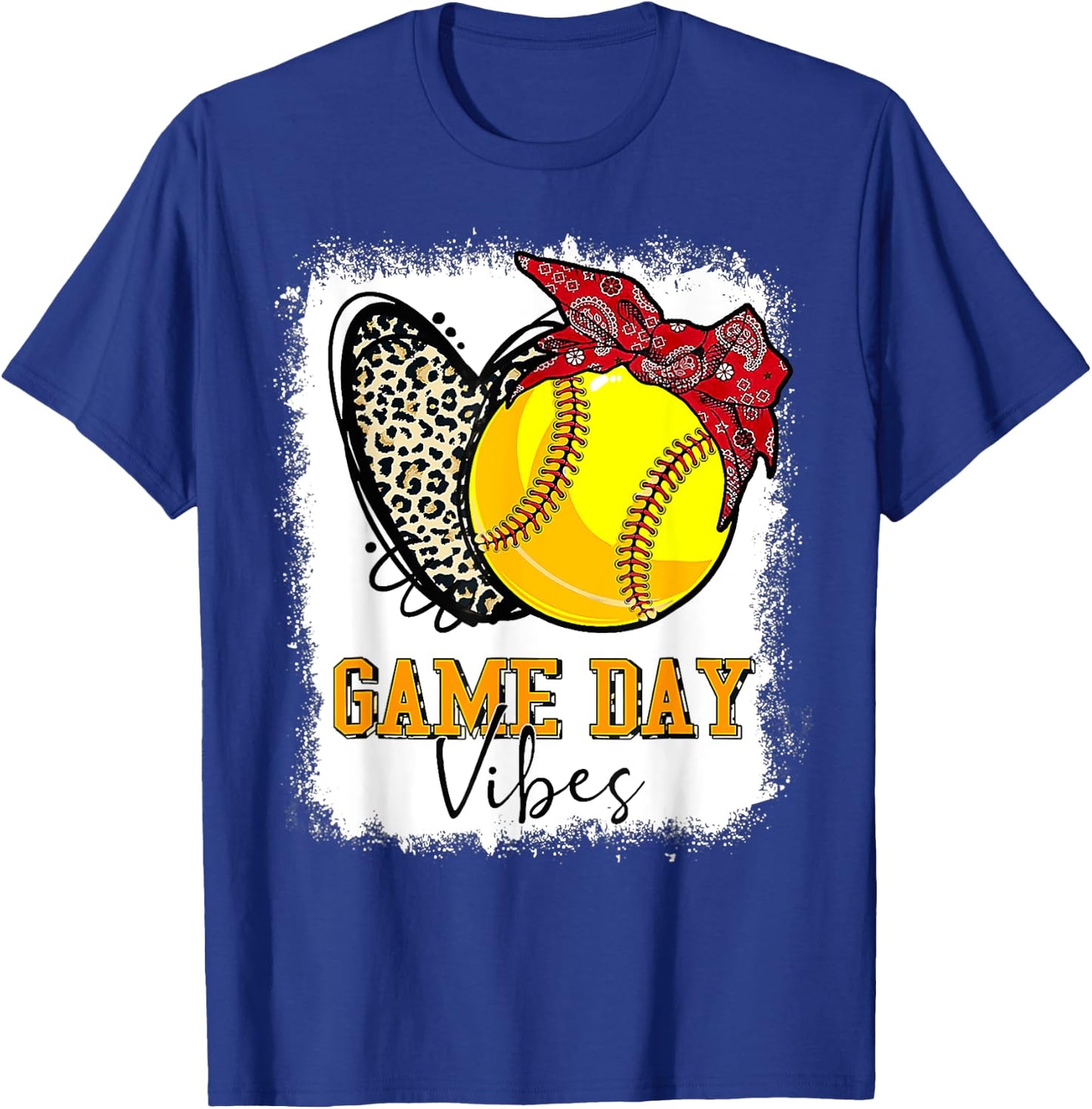 Softball Game Day Vibes Leopard Heart Headband Mom Bleached T-Shirt - T-Shirt | Royal